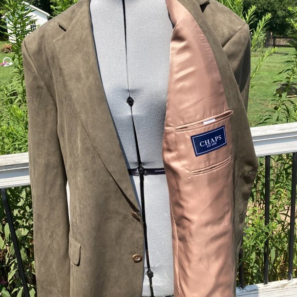 *DONATING TODAY*  CHAPS Men's Faux Suede Sport Coat Jacket Green/Tan Size 46L - Picture 6 of 7